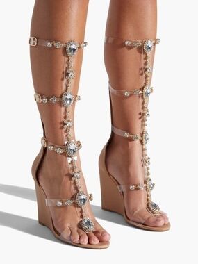 Shoe Dazzle Nude Embellished Clear Gladiator Wedge Sandals